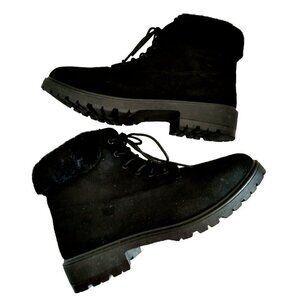 Rebel Black Lace Up Combat Boots Womens Faux Suede Fur Trim - 10 NWOT